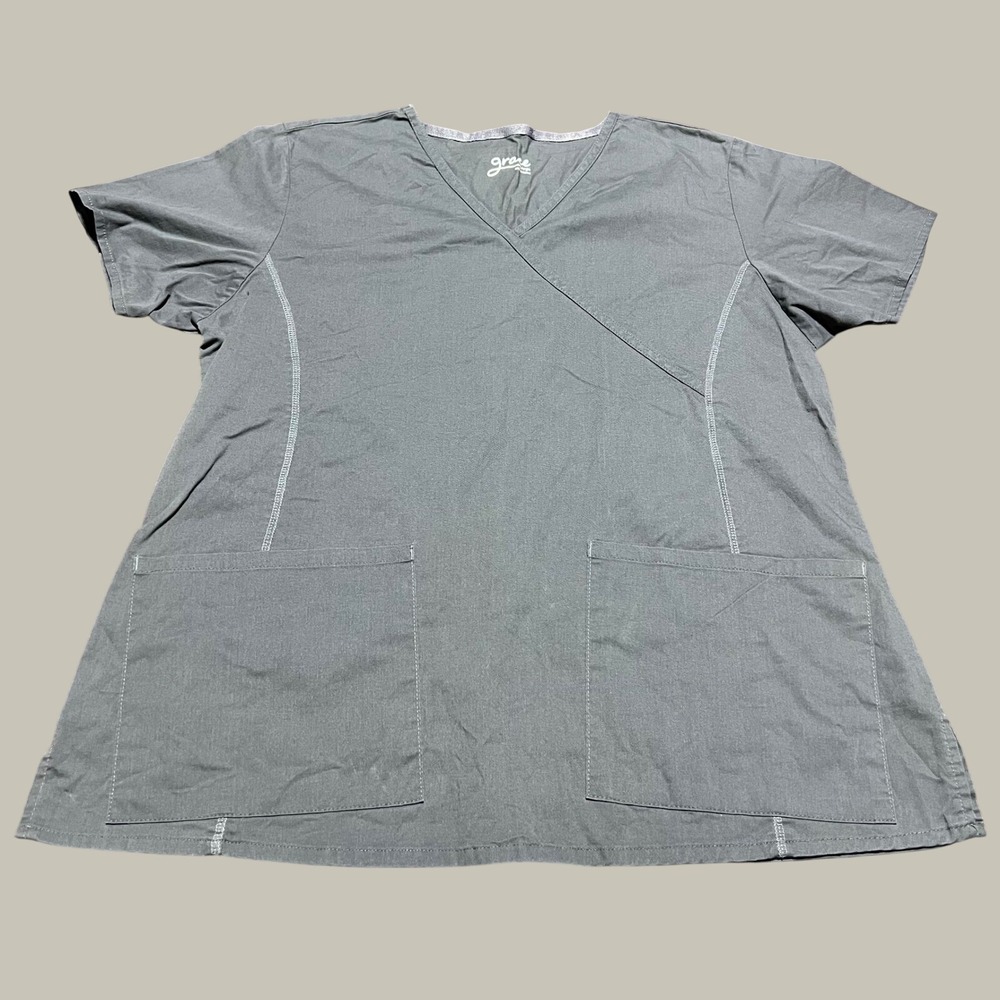 Grace‎ Womens Gray V-Neck Short Sleeve Scrub Top A5908 Size Large